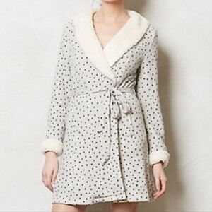 ANTHROPOLOGIE Saturday Sunday grey+navy Polka Dot belted Sherpa Robe w/pockets S
